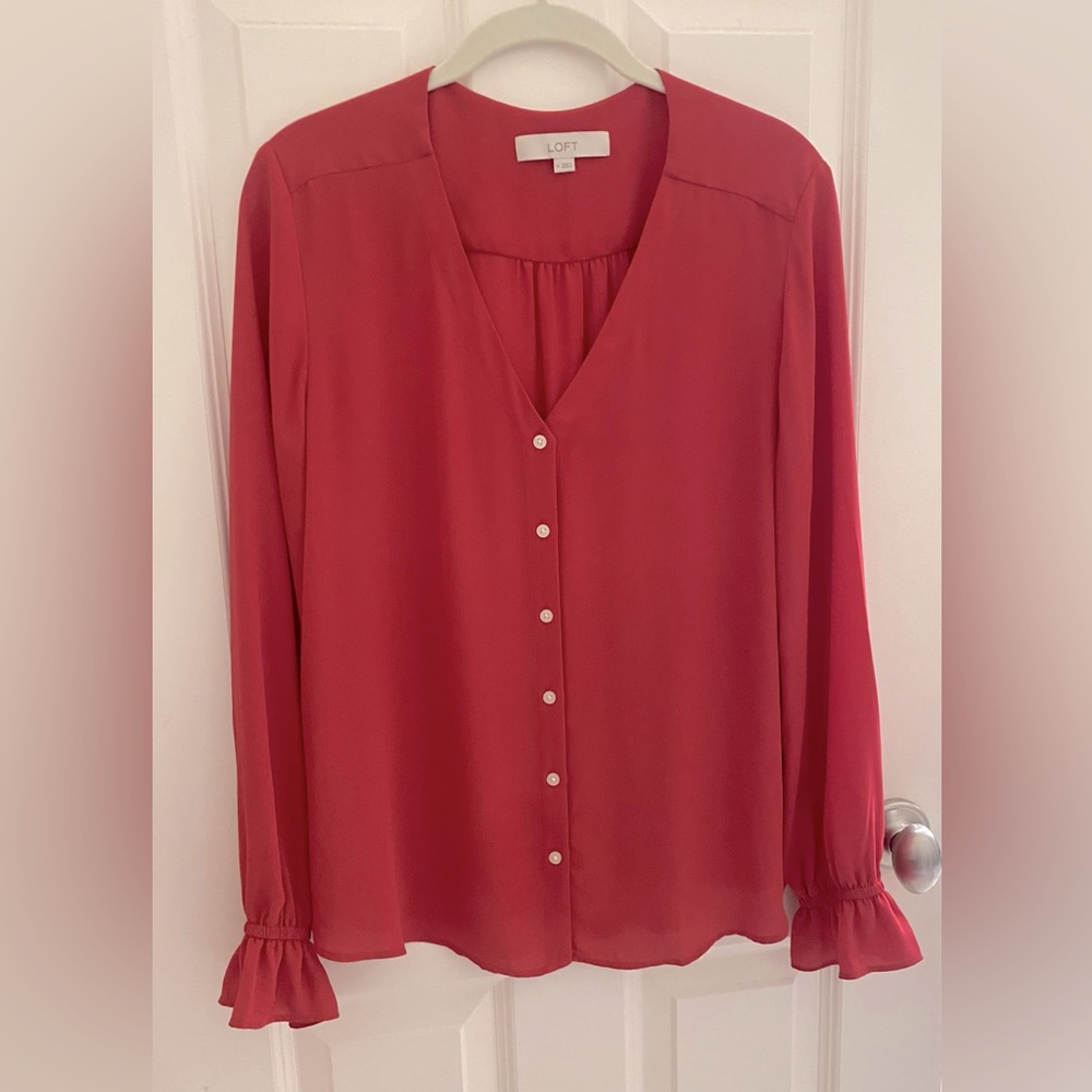 LOFT long sleeve blouse with v-neck button front Size-medium Color-Red
